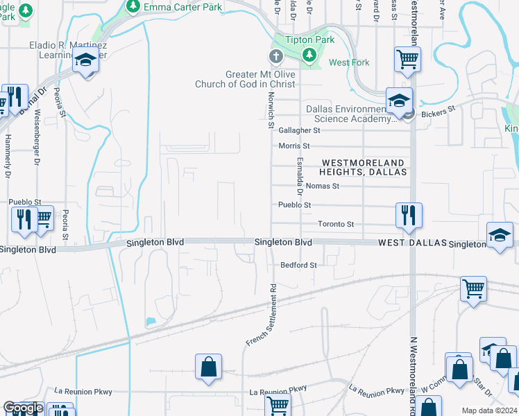 map of restaurants, bars, coffee shops, grocery stores, and more near 3835 Singleton Boulevard in Dallas