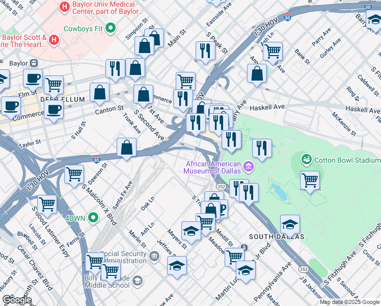 map of restaurants, bars, coffee shops, grocery stores, and more near 701-761 S 2nd Ave in Dallas