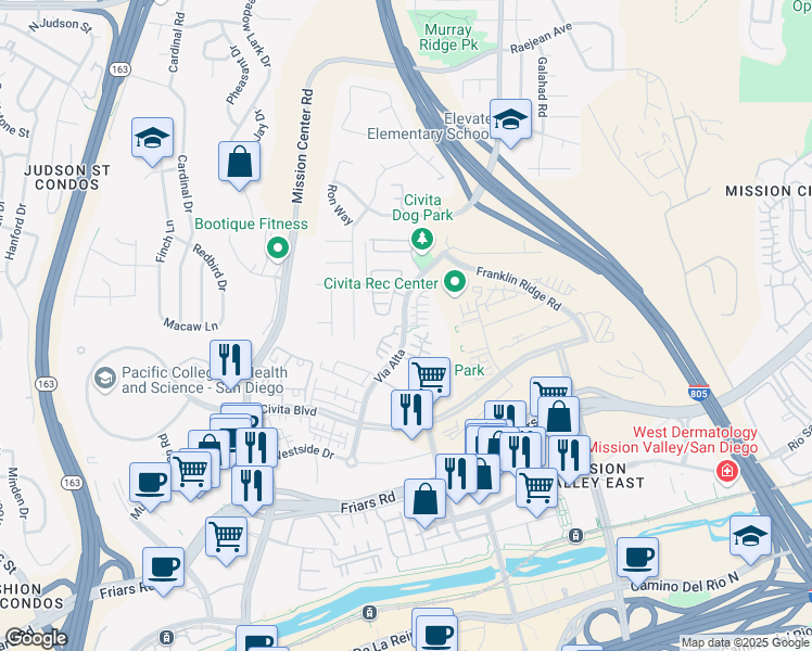 map of restaurants, bars, coffee shops, grocery stores, and more near 8607 Aspect Drive in San Diego