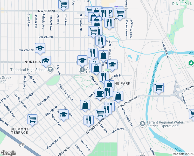 map of restaurants, bars, coffee shops, grocery stores, and more near 1537 North Main Street in Fort Worth