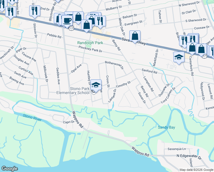 map of restaurants, bars, coffee shops, grocery stores, and more near 1669 Garden Street in Charleston
