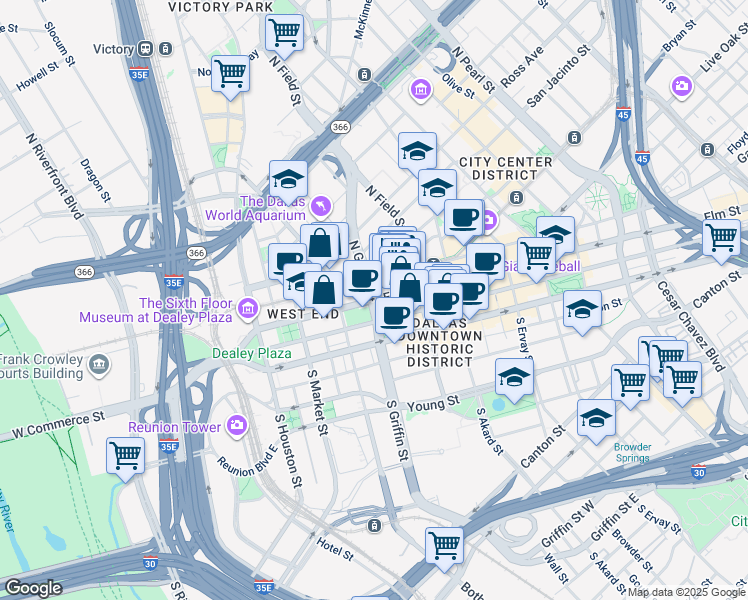 map of restaurants, bars, coffee shops, grocery stores, and more near in Dallas