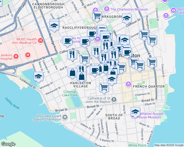 map of restaurants, bars, coffee shops, grocery stores, and more near 122 Wentworth Street in Charleston