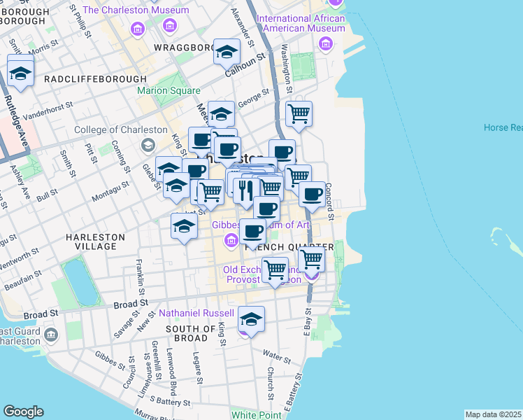map of restaurants, bars, coffee shops, grocery stores, and more near 188 Meeting Street in Charleston