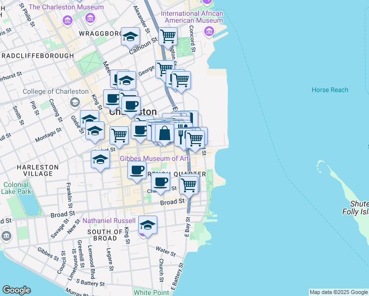 map of restaurants, bars, coffee shops, grocery stores, and more near 225 East Bay Street in Charleston