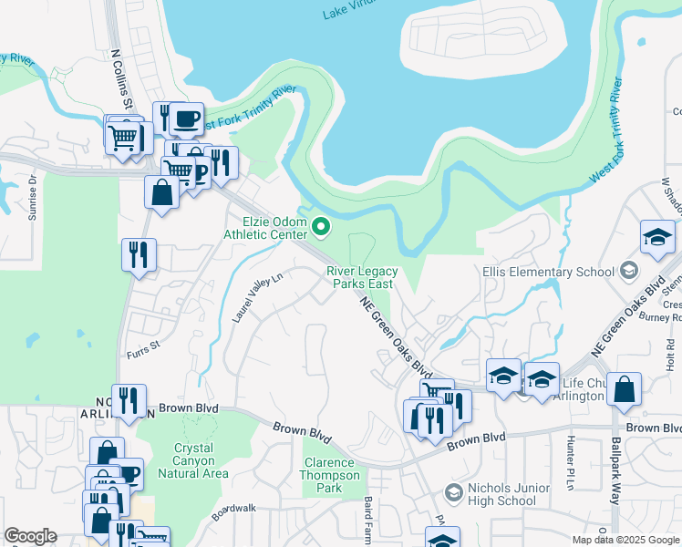 map of restaurants, bars, coffee shops, grocery stores, and more near Northeast Green Oaks Boulevard in Arlington