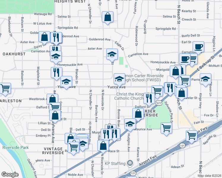 map of restaurants, bars, coffee shops, grocery stores, and more near 3116 Yucca Avenue in Fort Worth