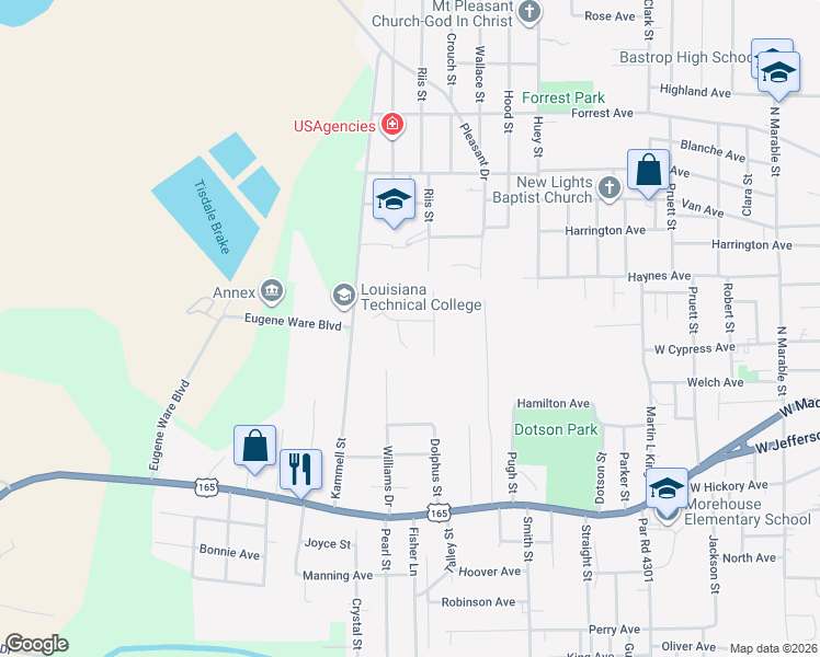 map of restaurants, bars, coffee shops, grocery stores, and more near 33 Eden Avenue in Bastrop