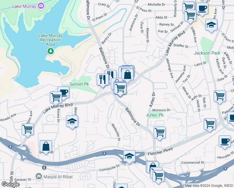 map of restaurants, bars, coffee shops, grocery stores, and more near 5575 Baltimore Drive in La Mesa