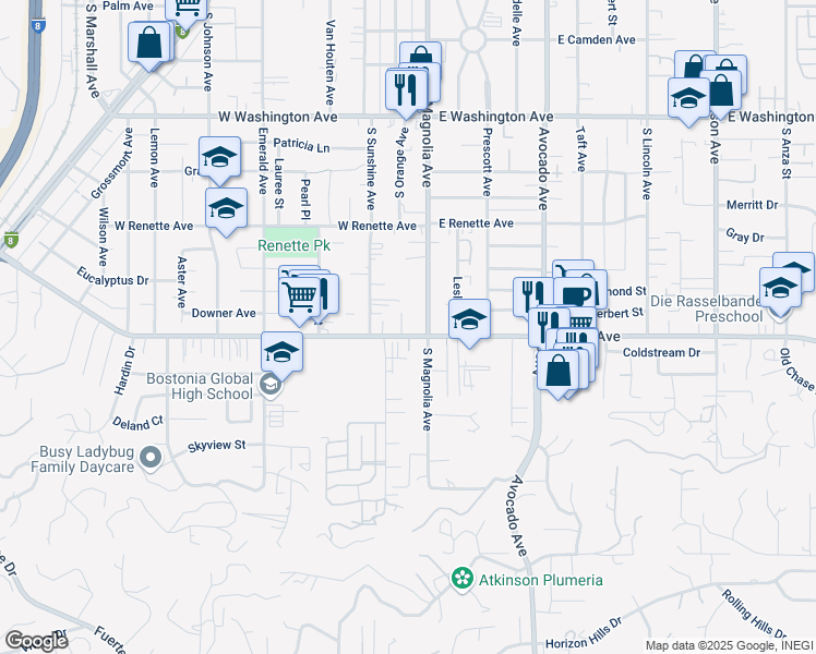 map of restaurants, bars, coffee shops, grocery stores, and more near 1076 South Magnolia Avenue in El Cajon