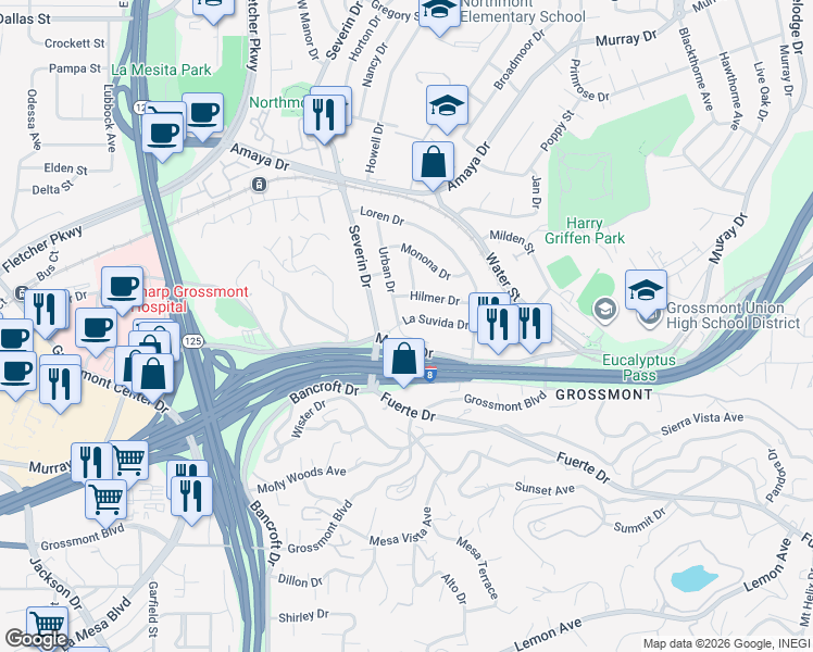 map of restaurants, bars, coffee shops, grocery stores, and more near 9400 La Suvida Drive in La Mesa