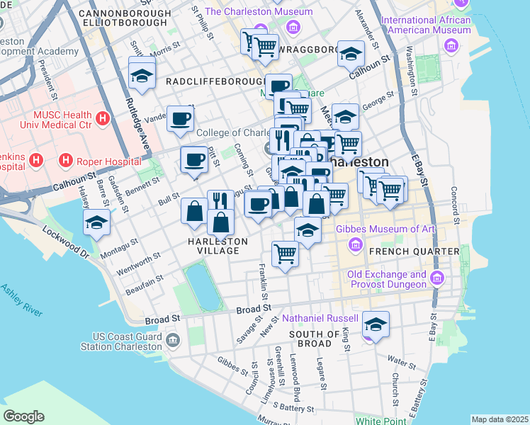 map of restaurants, bars, coffee shops, grocery stores, and more near 122 Wentworth Street in Charleston