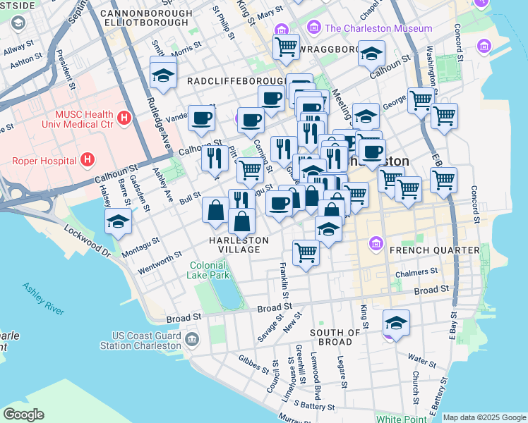 map of restaurants, bars, coffee shops, grocery stores, and more near 122 Wentworth Street in Charleston