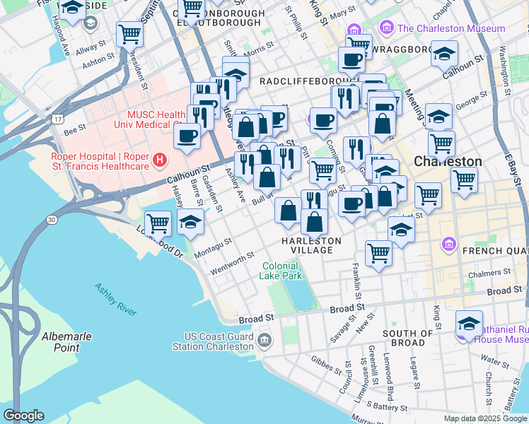 map of restaurants, bars, coffee shops, grocery stores, and more near 97 Rutledge Avenue in Charleston