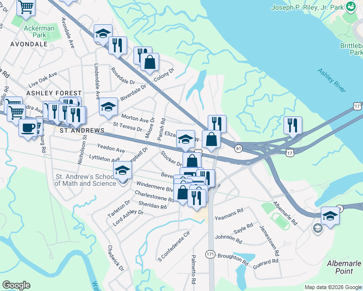 map of restaurants, bars, coffee shops, grocery stores, and more near 562 Savannah Highway in Charleston