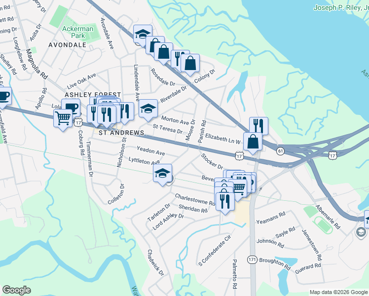 map of restaurants, bars, coffee shops, grocery stores, and more near 627 Savannah Highway in Charleston