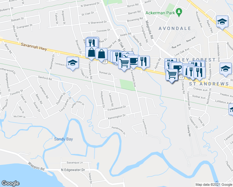map of restaurants, bars, coffee shops, grocery stores, and more near 1224 Hollywood Drive in Charleston