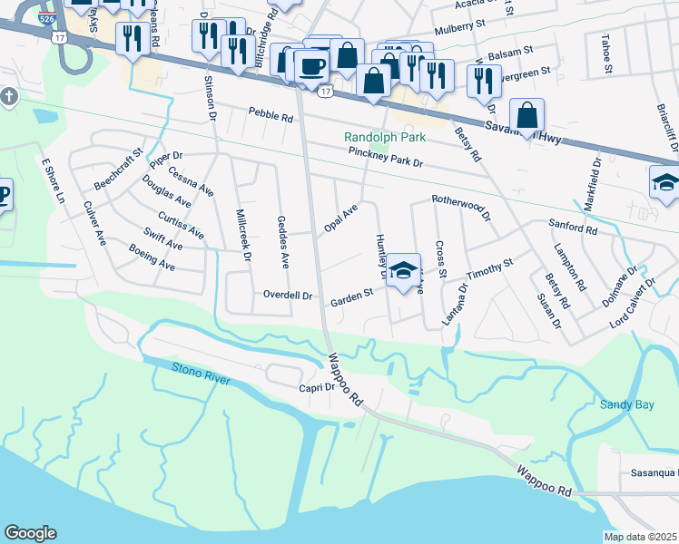 map of restaurants, bars, coffee shops, grocery stores, and more near 1772 Skinner Avenue in Charleston
