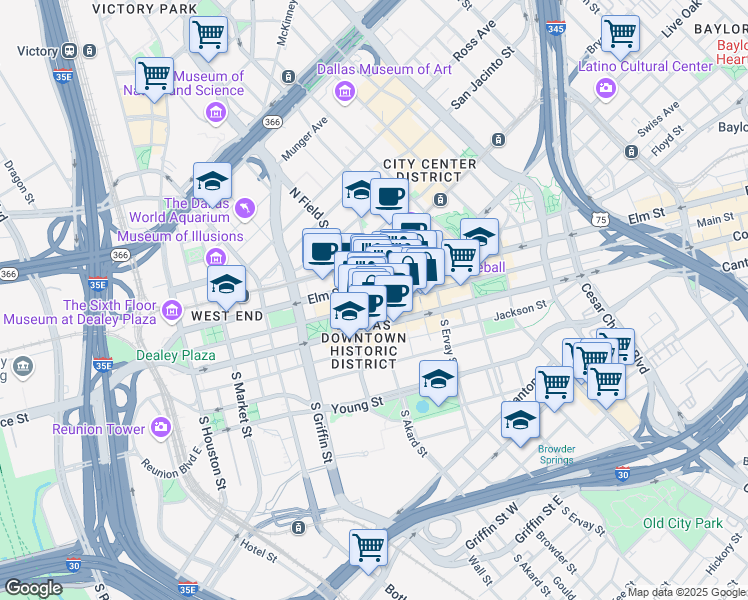 map of restaurants, bars, coffee shops, grocery stores, and more near in Dallas