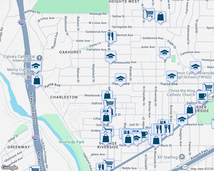 map of restaurants, bars, coffee shops, grocery stores, and more near 2525 Yucca Avenue in Fort Worth