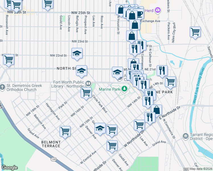 map of restaurants, bars, coffee shops, grocery stores, and more near in Fort Worth