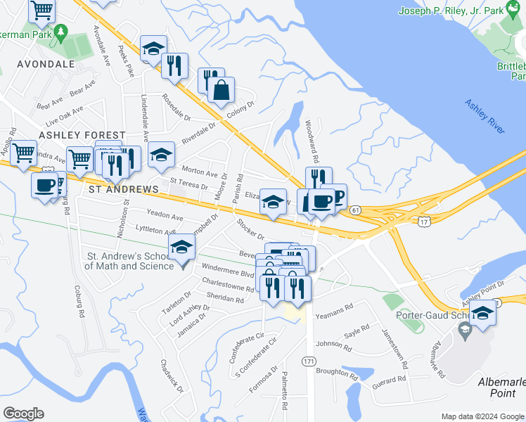 map of restaurants, bars, coffee shops, grocery stores, and more near 554 Savannah Highway in Charleston