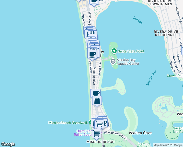 map of restaurants, bars, coffee shops, grocery stores, and more near 3619 Strand Way in San Diego