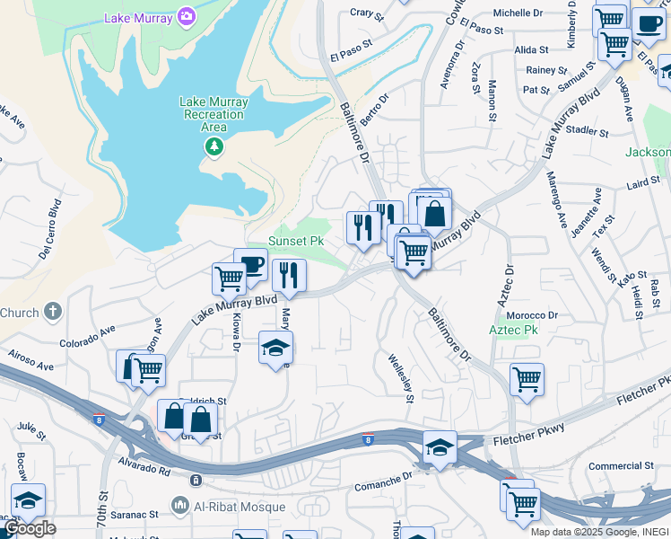 map of restaurants, bars, coffee shops, grocery stores, and more near 5536 Lake Park Way in La Mesa