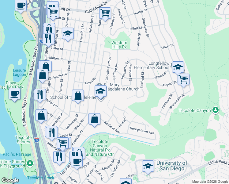 map of restaurants, bars, coffee shops, grocery stores, and more near 2019 Garfield Road in San Diego