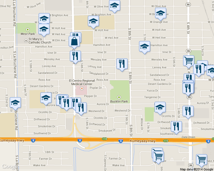 map of restaurants, bars, coffee shops, grocery stores, and more near 1475 Cypress Drive in El Centro
