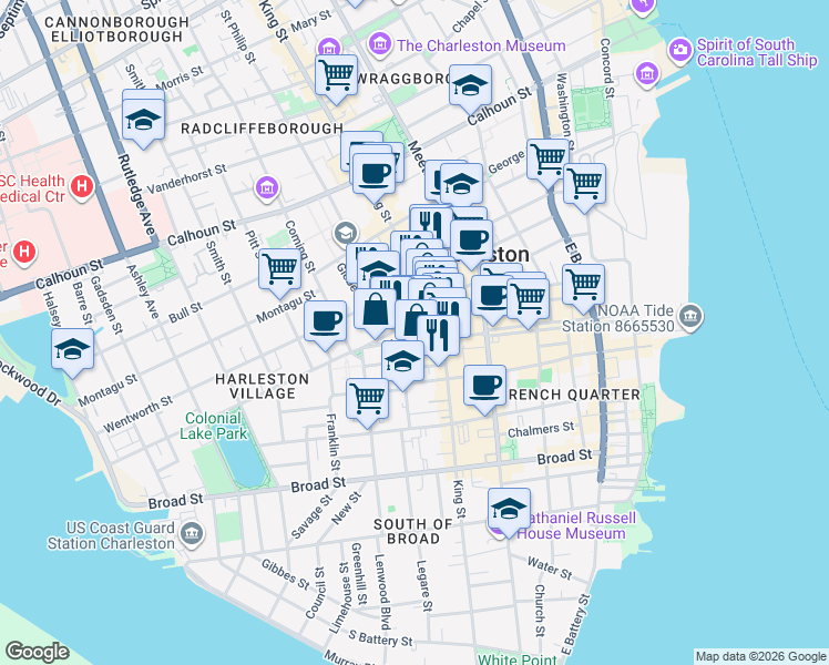 map of restaurants, bars, coffee shops, grocery stores, and more near 164 Market Street in Charleston