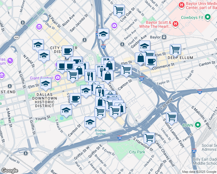 map of restaurants, bars, coffee shops, grocery stores, and more near 315 South Cesar Chavez Boulevard in Dallas