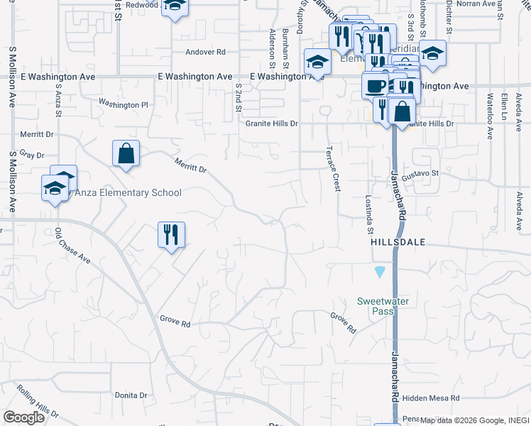 map of restaurants, bars, coffee shops, grocery stores, and more near 1374 Merritt Drive in El Cajon
