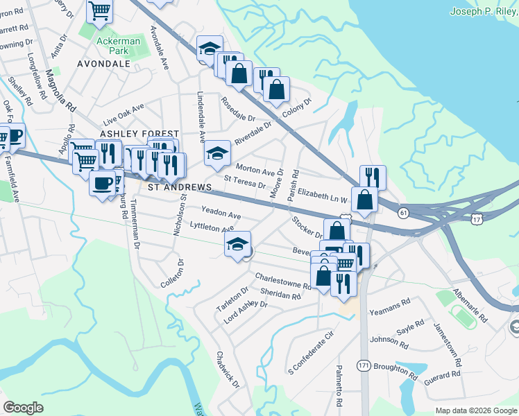 map of restaurants, bars, coffee shops, grocery stores, and more near 627 Savannah Highway in Charleston