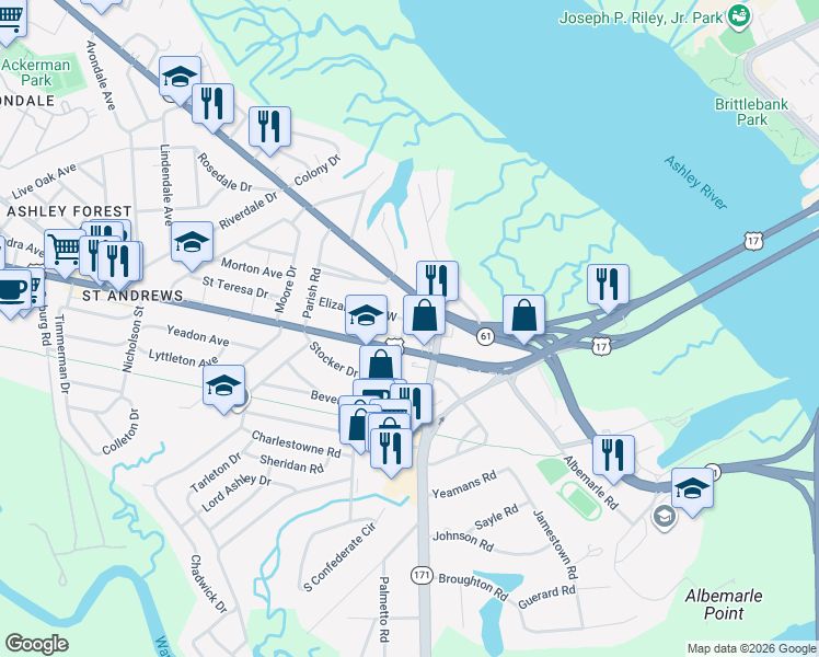 map of restaurants, bars, coffee shops, grocery stores, and more near 614 West Harrison Road in Charleston