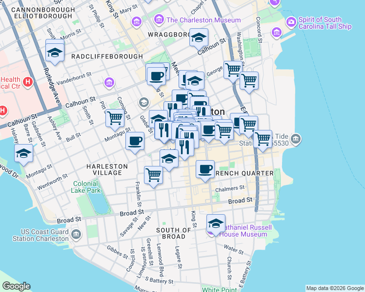 map of restaurants, bars, coffee shops, grocery stores, and more near in Charleston