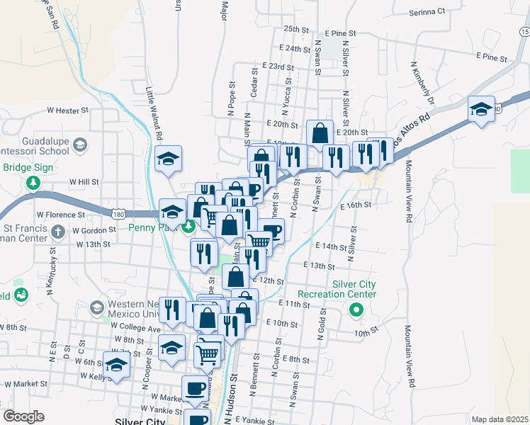map of restaurants, bars, coffee shops, grocery stores, and more near 300 East 16th Street in Silver City