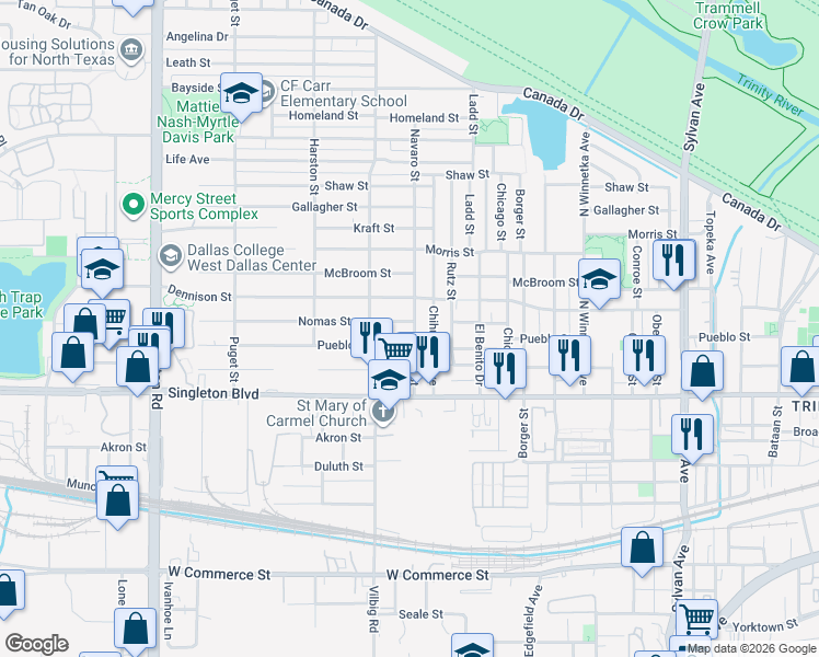 map of restaurants, bars, coffee shops, grocery stores, and more near 3218 Navaro Street in Dallas