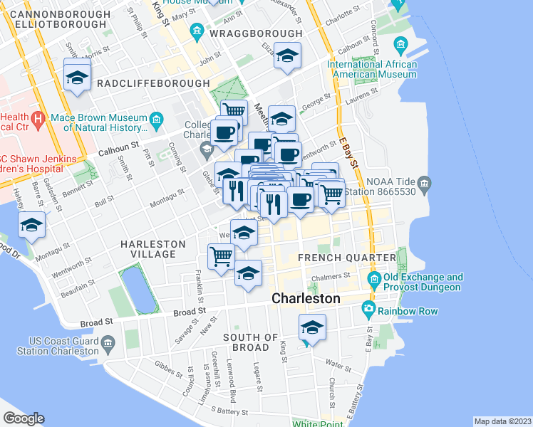 map of restaurants, bars, coffee shops, grocery stores, and more near 229 King Street in Charleston