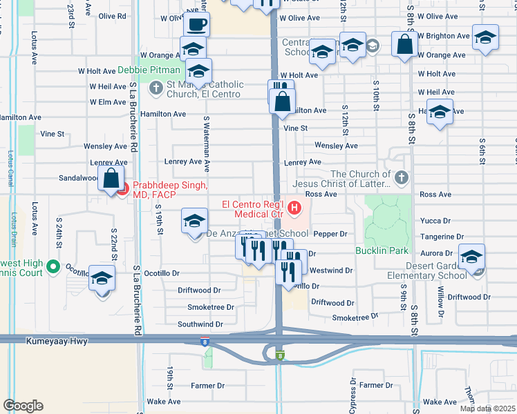 map of restaurants, bars, coffee shops, grocery stores, and more near 1505 Ross Avenue in El Centro