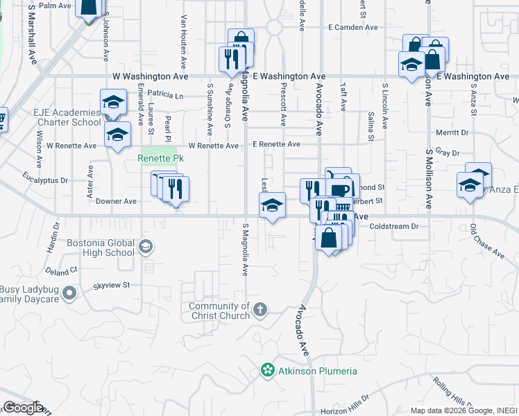 map of restaurants, bars, coffee shops, grocery stores, and more near 1053 Leslie Road in El Cajon