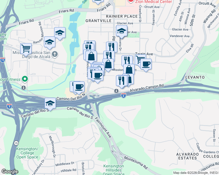 map of restaurants, bars, coffee shops, grocery stores, and more near 4470 Alvarado Canyon Road in San Diego