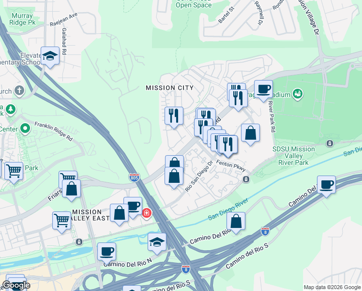 map of restaurants, bars, coffee shops, grocery stores, and more near 2832 Escala Circle in San Diego