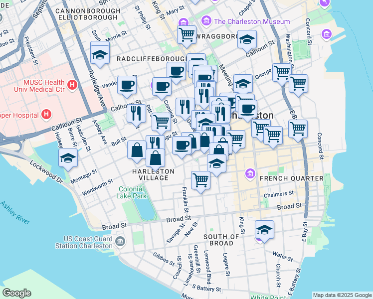 map of restaurants, bars, coffee shops, grocery stores, and more near 122 Wentworth Street in Charleston