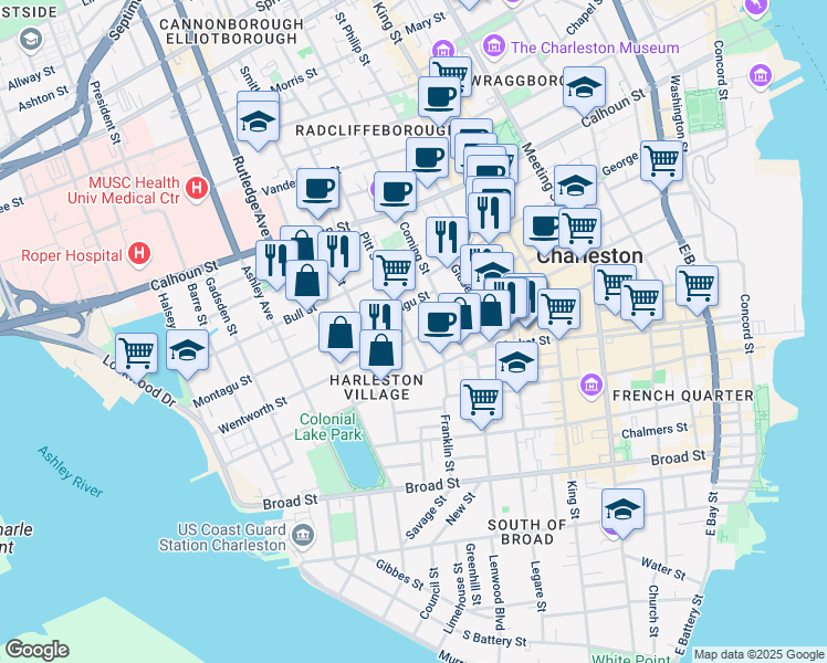 map of restaurants, bars, coffee shops, grocery stores, and more near 21 Pitt Street in Charleston