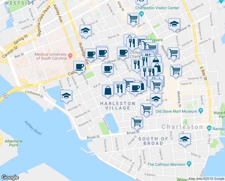 map of restaurants, bars, coffee shops, grocery stores, and more near 36 Montagu Street in Charleston