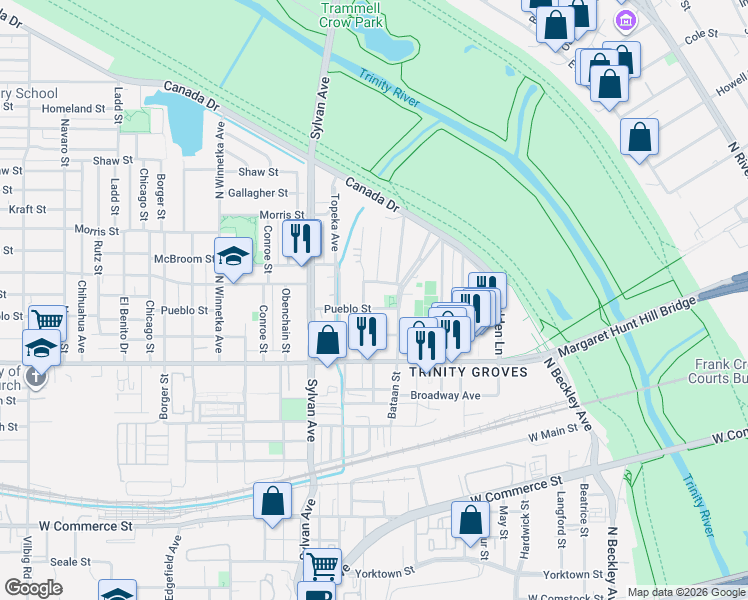 map of restaurants, bars, coffee shops, grocery stores, and more near 3237 Bataan Street in Dallas