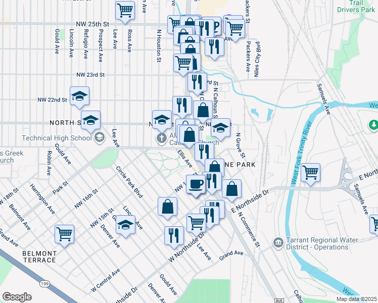 map of restaurants, bars, coffee shops, grocery stores, and more near 1540 North Main Street in Fort Worth