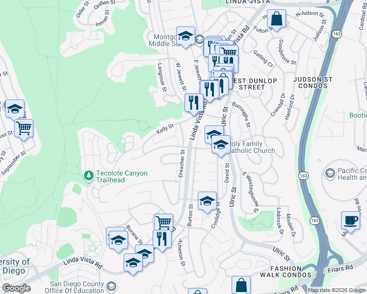 map of restaurants, bars, coffee shops, grocery stores, and more near Tait Street & Drescher Street in San Diego