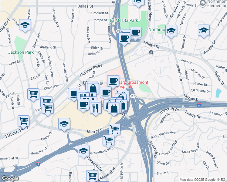 map of restaurants, bars, coffee shops, grocery stores, and more near 5555 Grossmont Center Drive in La Mesa